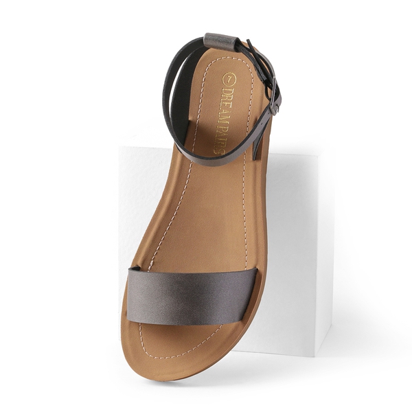 Ankle Strap Flat Buckle Sandals - PEWTER PU - 2